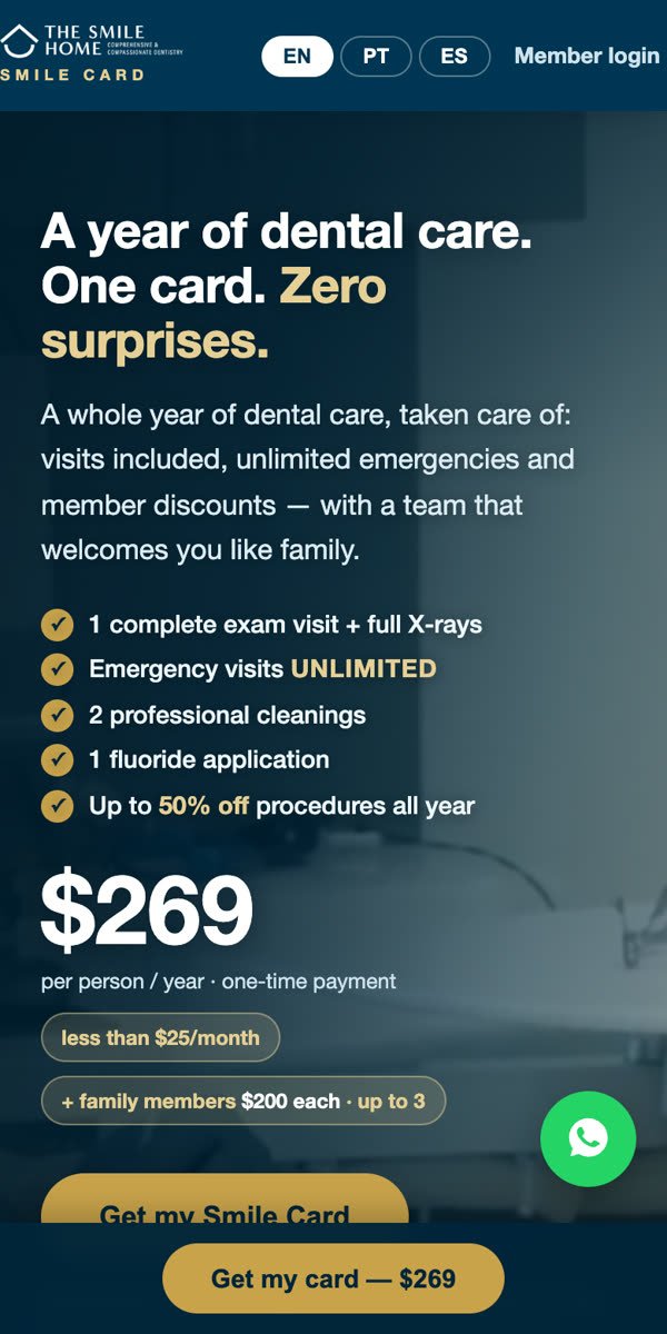 Smile Card sales page on mobile